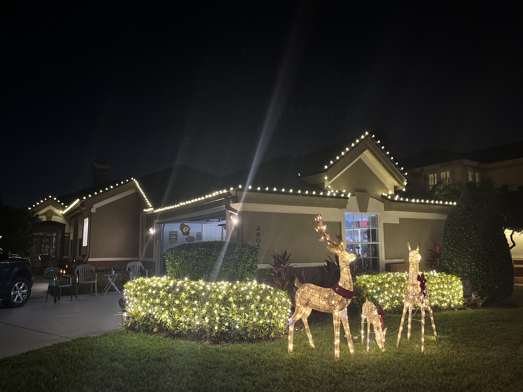 Our holiday installation with a glowing gabled roofline, illuminated hedges and reindeer decorations